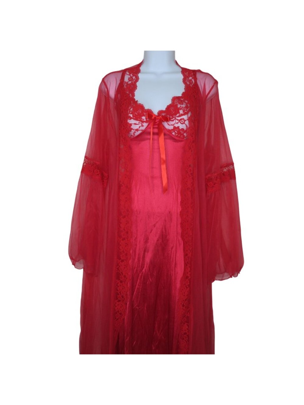 Vintage Peignoir Red Lace Long Nylon Nightgown Sheer Robe Size 2X USA Made